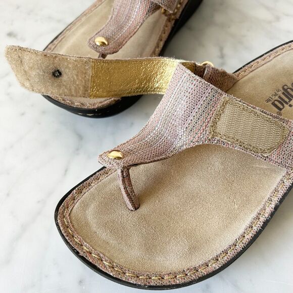 Alegria Carina Pink/Beige/Gold Leather Thong Sandals - Women's 37/6.5 - Picture 7 of 9